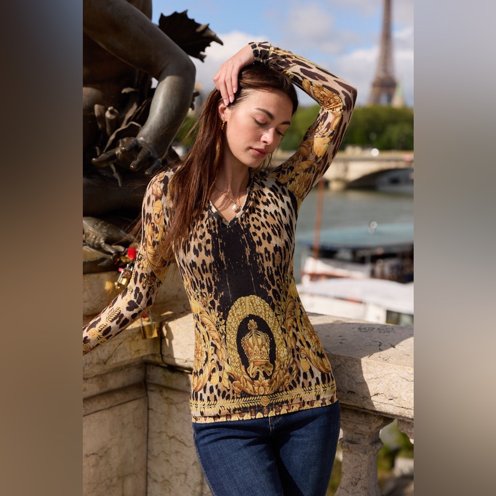 BLACK, GOLD LEO AND FLORAL V NECK MESH TOP